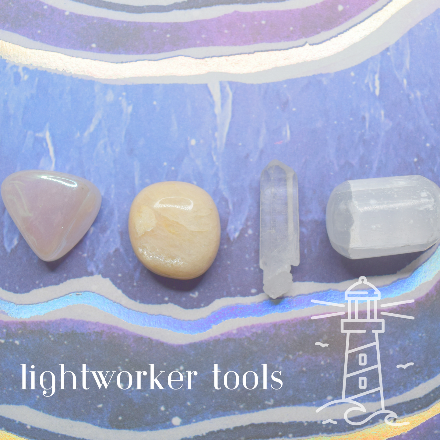 Beacon of Light Crystals Set * Lightworker Tools for Light & Love * Crystal Quartz Point * Rose Aura Quartz * Moonstone * Selenite
