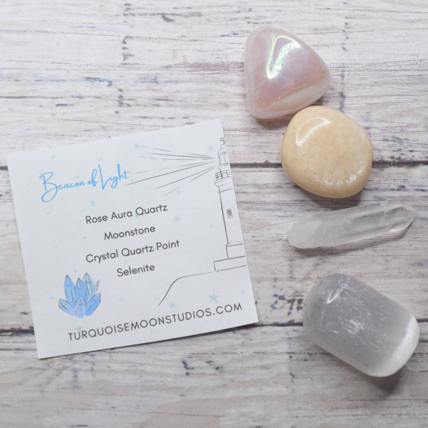 Beacon of Light Crystals Set * Lightworker Tools for Light & Love * Crystal Quartz Point * Rose Aura Quartz * Moonstone * Selenite