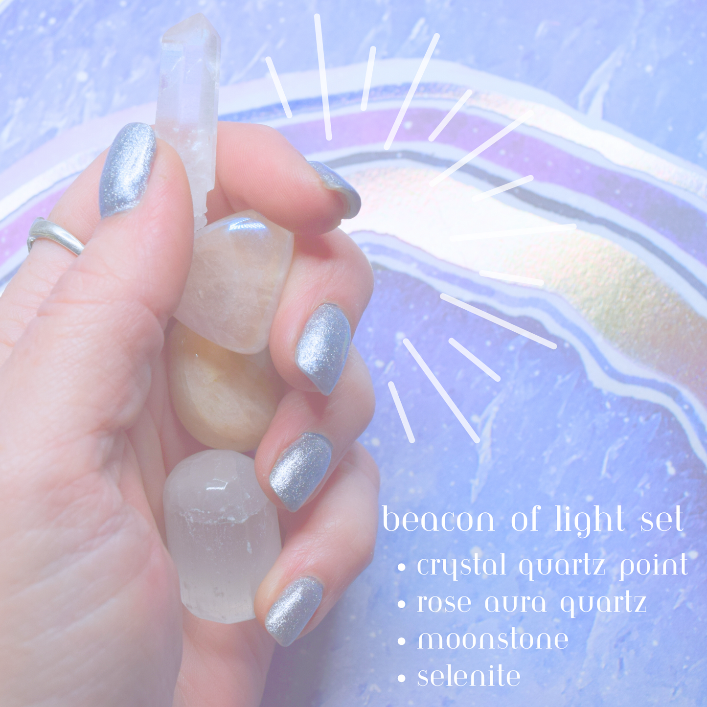 Beacon of Light Crystals Set * Lightworker Tools for Light & Love * Crystal Quartz Point * Rose Aura Quartz * Moonstone * Selenite