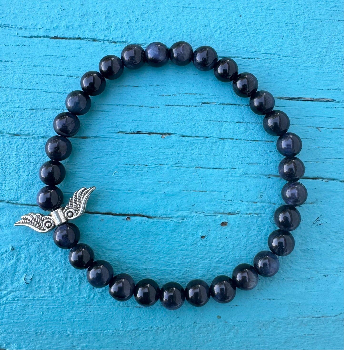 Angel Wings Bracelet - Blue Hawks Eye Gemstone Beads