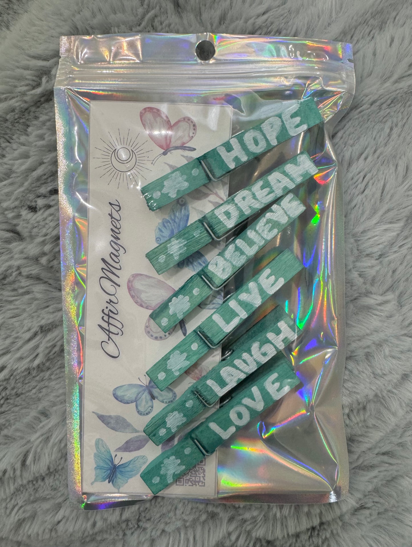 AffirMagnets Turquoise Blue and White Handmade Affirmation Clothespin Refrigerator Magnets