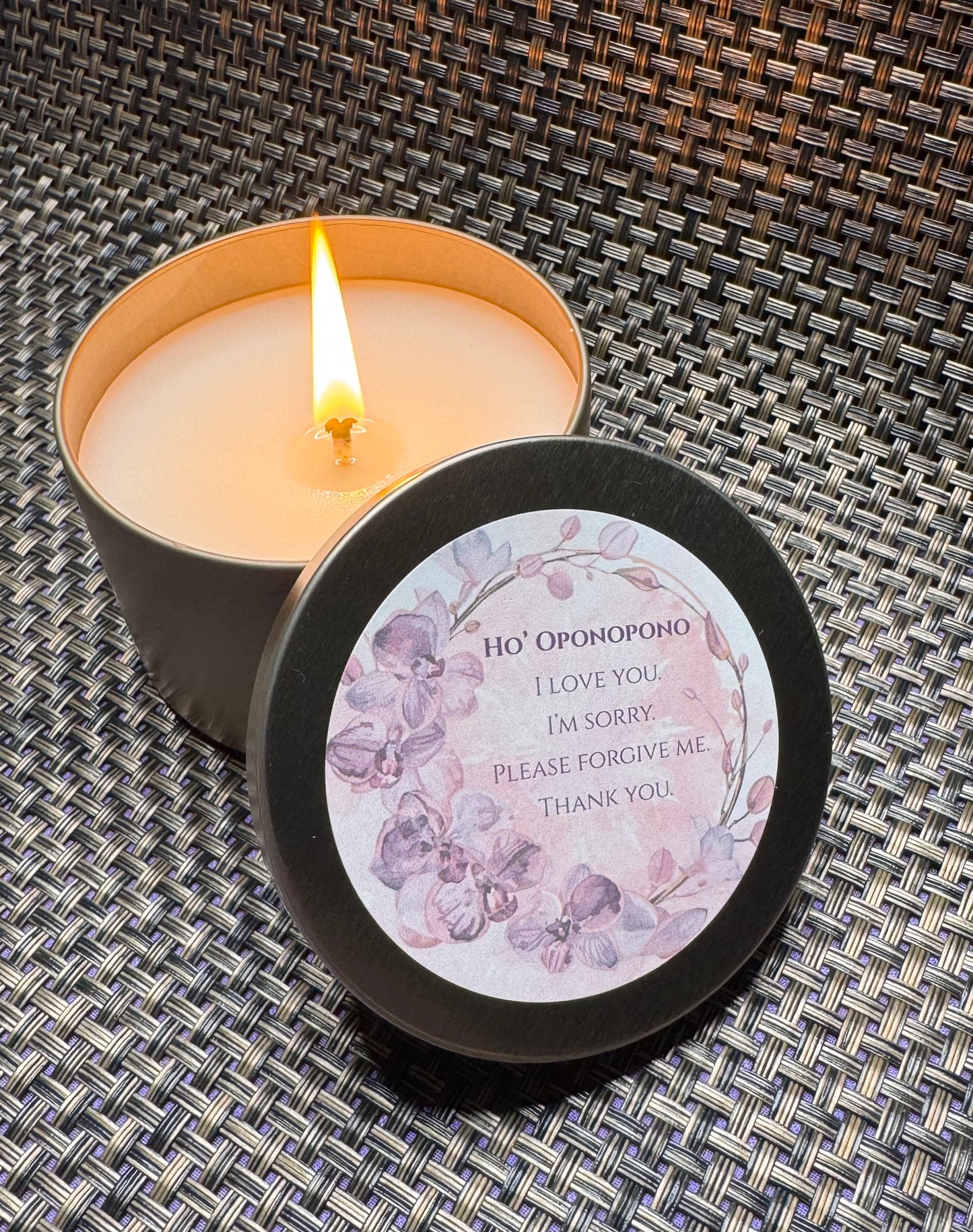 Ho' Oponopono Candle - Hawaiian Forgiveness Prayer Candle Gift with Orchid Floral Design