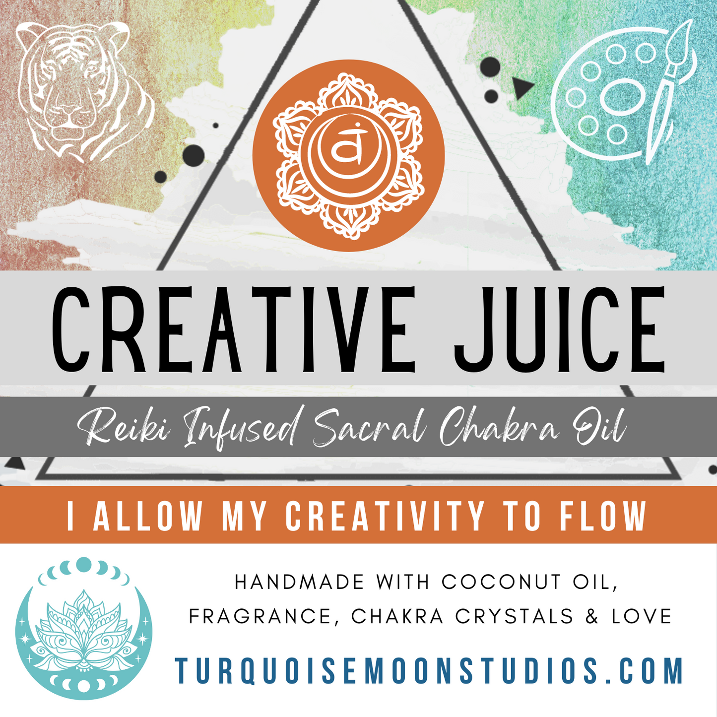 CREATIVE JUICE * Crystal Intentions 2nd Sacral Chakra Perfume * Exotic Orange scent with Carnelian & Peach Moonstone Crystals * Create Write Sing Dance Muse Inspire * Tiger Spirit Animal * Artist's Palette