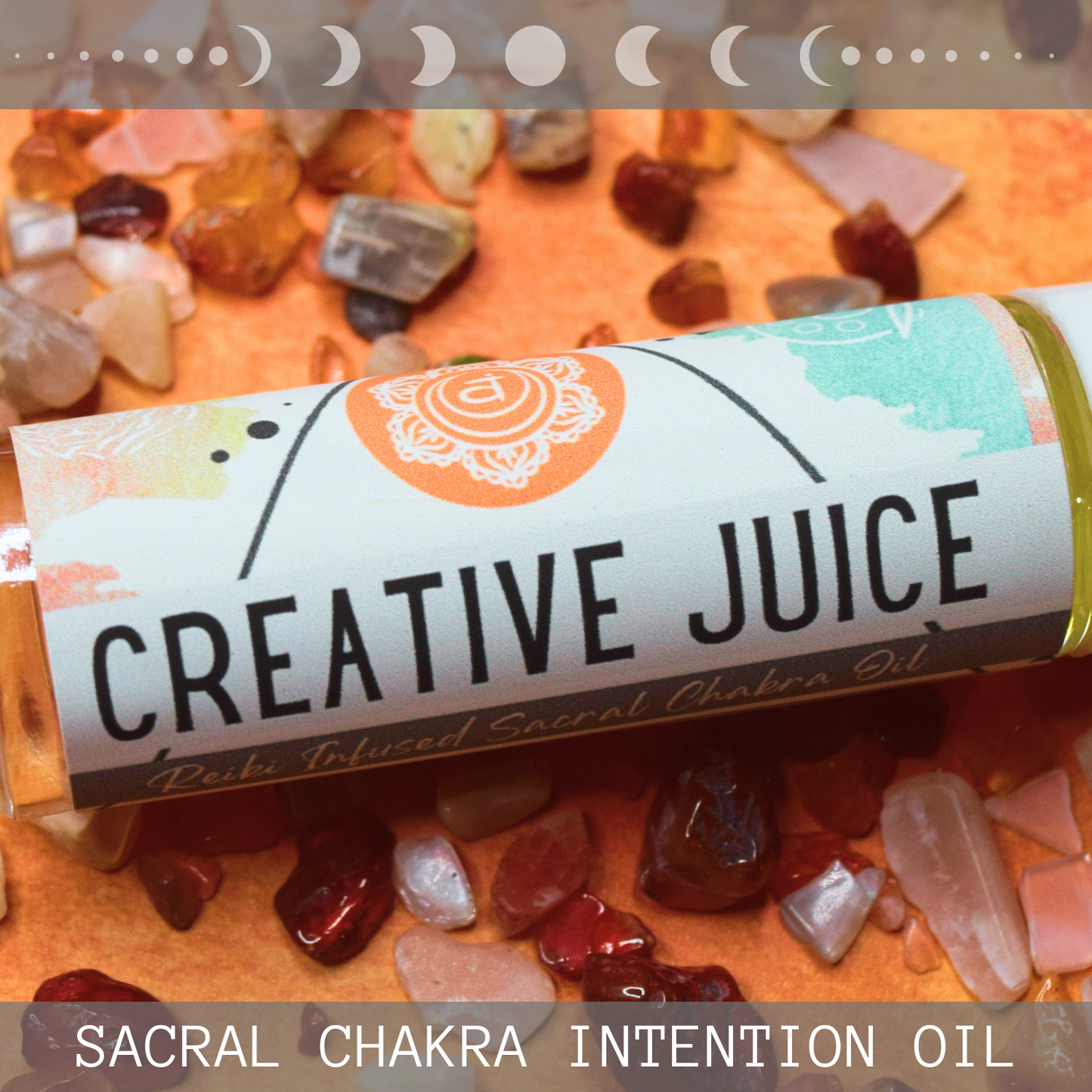 CREATIVE JUICE * Crystal Intentions 2nd Sacral Chakra Perfume * Exotic Orange scent with Carnelian & Peach Moonstone Crystals * Create Write Sing Dance Muse Inspire * Tiger Spirit Animal * Artist's Palette