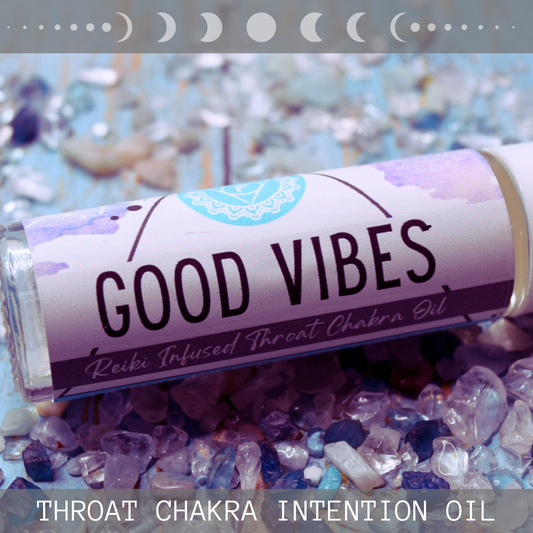 GOOD VIBES * Crystal Intentions 5th Throat Chakra Perfume * Soothing Vanilla Sandalwood scent with Amazonite, Blue Apatite & Crystal Quartz Throat Chakra Crystals * Speak * Teach * Write * Kindness Wins * Wolf Spirit Animal * Hamsa Hand * Moon Phases