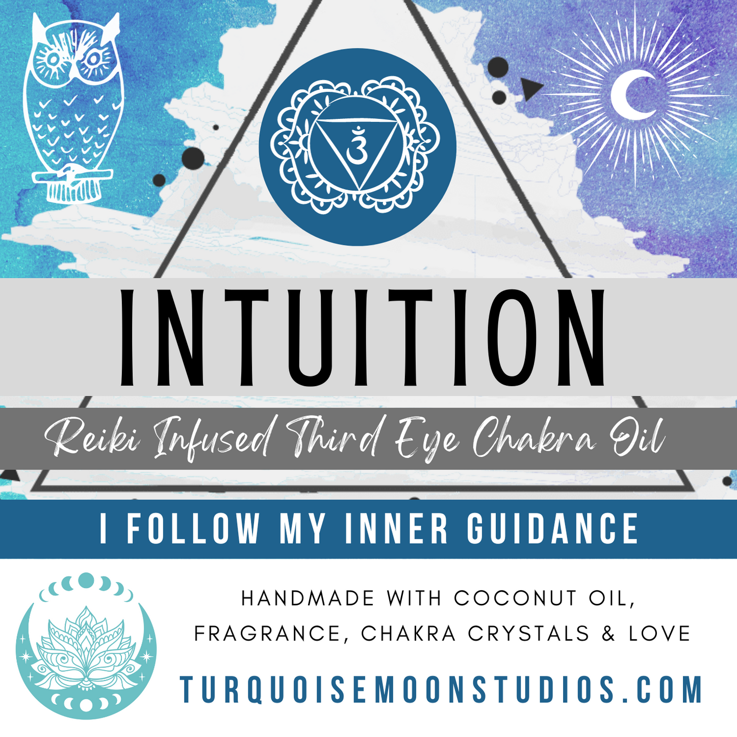 INTUITION * Crystal Intentions 6th Third Eye Chakra Perfume * Mystical scent Lapis Lazuli, Iolite & Blue Apatite Third Eye Chakra Crystals * Collective Consciousness * Indigo Child * Divination * Psychic Gifts * Owl Spirit Animal * Moonbeams