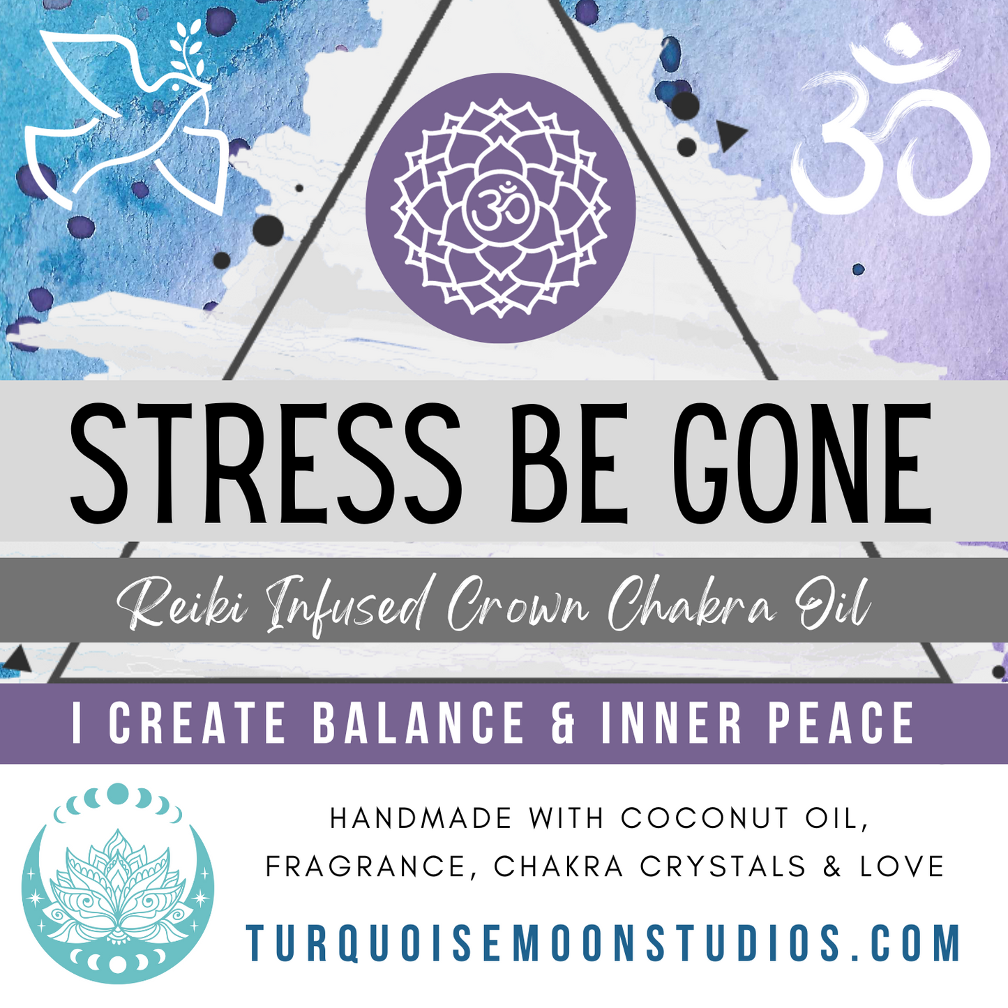 STRESS BE GONE * Crystal Intentions 7th Crown Chakra Perfume * Calming Relaxing Lavender Vanilla scent with Purple Amethyst & Rainbow Moonstone Crown Chakra Crystals * Relax * Unwind * Let Go & Let God * Dove Spirit Animal * Peace * Om Symbol