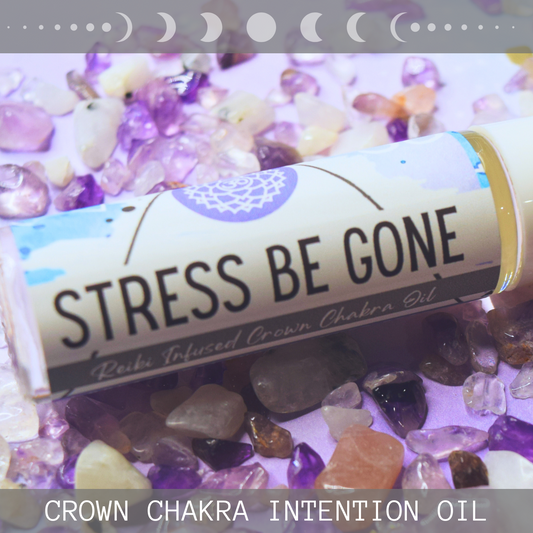 STRESS BE GONE * Crystal Intentions 7th Crown Chakra Perfume * Calming Relaxing Lavender Vanilla scent with Purple Amethyst & Rainbow Moonstone Crown Chakra Crystals * Relax * Unwind * Let Go & Let God * Dove Spirit Animal * Peace * Om Symbol