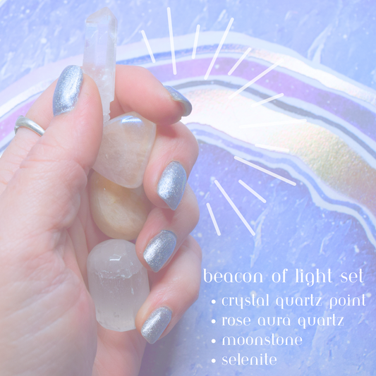 Beacon of Light Crystals Set * Lightworker Tools for Light & Love * Crystal Quartz Point * Rose Aura Quartz * Moonstone * Selenite